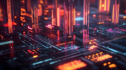 Futuristic Financial Technology Interface with Blockchain Visualization and Holographic Controls