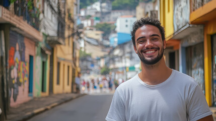 Fototapeta premium Young smiling Brazilian man in casual clothes on the street in Rio de Janeiro, boy, guy, male portrait, Portuguese, nationality, South America, Brazil, local, indigenous, portrait, teen, student