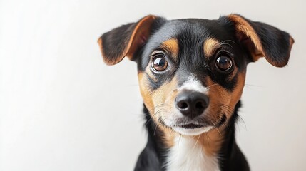 studio portrait of small cute brown black and white mixed breed rescue dog sitting and looking forward with head tilted against a white background : Generative AI