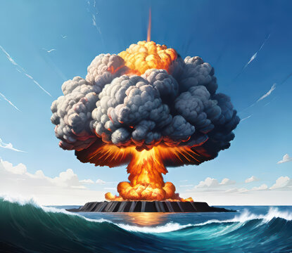 Nuclear explosion in the mountains against the backdrop of seas and lakes. Destruction of the planet from a nuclear attack.