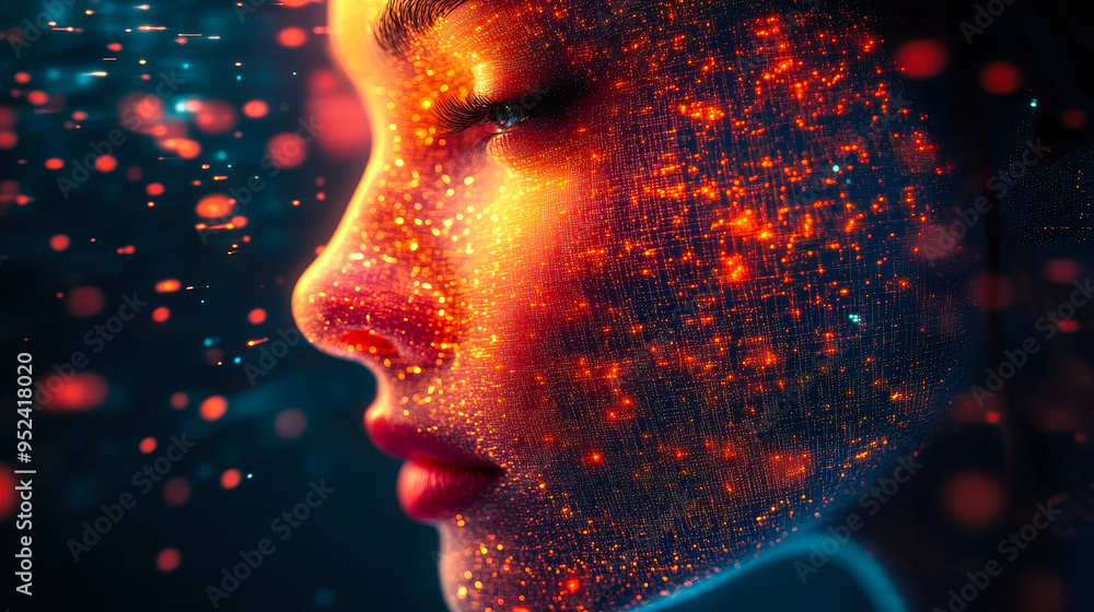 Poster digital identity: human face with algorithmic patterns and ai aura, illuminated portrait, futuristic