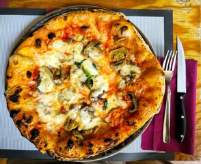 A top view of a traditional Pizza Funghi with mushrooms, double tomato sauce, fresh mozzarella,...