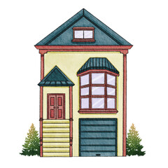Big set of watercolor scandinavian trees and houses. Cute childish buildings isolated. Trendy scandi background