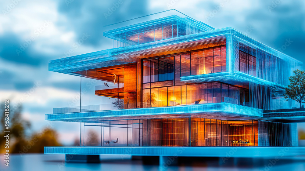 Poster architectural visualization using bim technology: modern multi-story building design rendered in dig