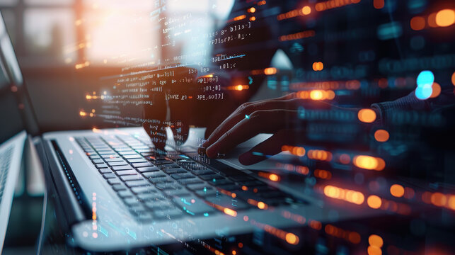 Software Developer Coding on Laptop with JavaScript and Binary Code, Mobile App Development, Nighttime Digital Workspace, Innovative Programming and Technology Concept