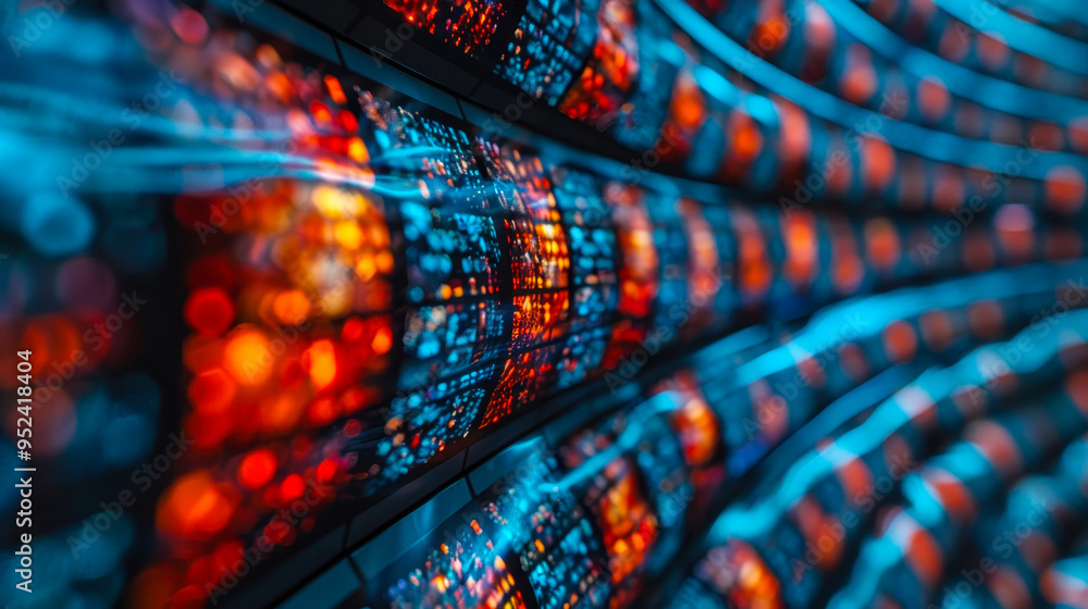 Poster colorful streaming data visuals on curved screens in digital space, technology background for video 