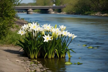 Peaceful White Lilies Glistening by the Riverbank