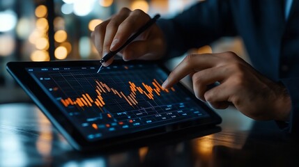 Fototapeta premium Business development concepts for success and growth Businessman taps finger on tablet to display a graph with arrow sign for the future growth plan of organization finance management : Generative AI