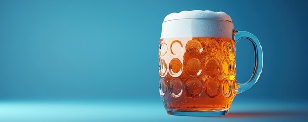 Oktoberfest beer mug with decorative handle, blue background, 3D Blender Style, cute minimal