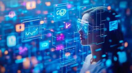 Obraz premium Woman Interacting with Integrated Digital Health Ecosystem; AI-Powered Telemedicine, Wearable Devices, and Health Information Systems at Night; Futuristic Healthcare Technology