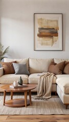 Fototapeta premium A cozy, modern living room with a minimalist design features a plush, white sectional sofa adorned with neutral-colored pillows and a soft brown blanket draped over one side.
