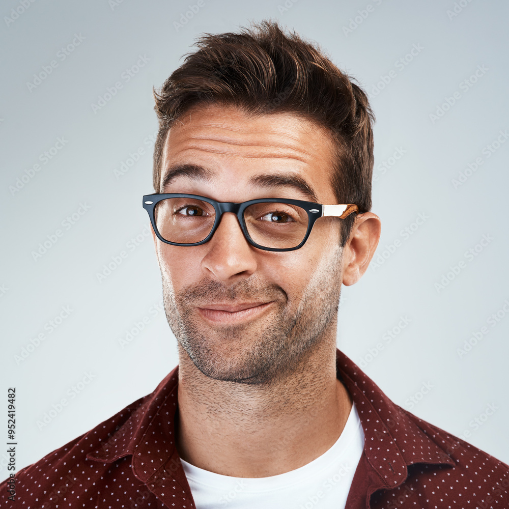 Poster man, face and happy with eyeglasses in studio on white background with eyewear prescription for eyes