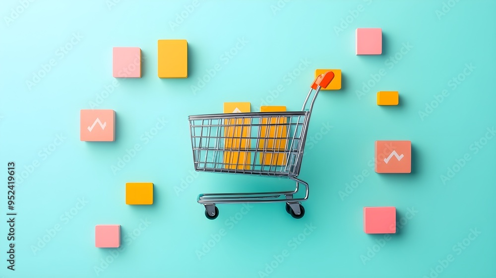 Poster shopping cart with colorful blocks on turquoise background