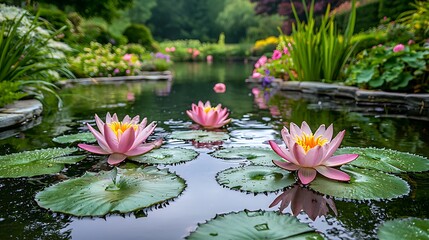 Soft pink water lilies float serenely among green lily pads in a peaceful pond.