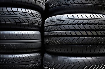 Fototapeta premium New tires on a dark background. Tire repair background.