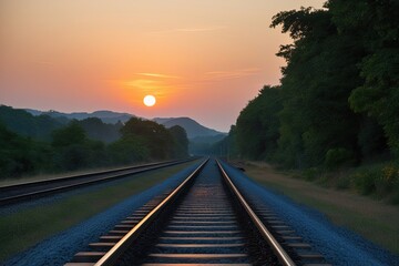 Fototapeta premium Serene Sunset Train Journey Exploring Peace and Natural Light