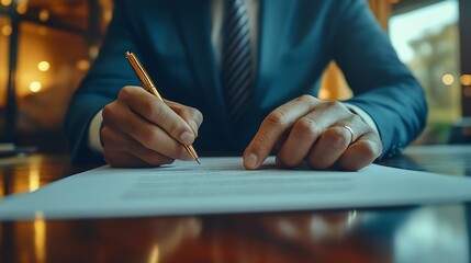 Business executive signing contract agreement document on the bale with the help from company attorney or lawyer service in law firm office Business investing and finalizing legal proc : Generative AI