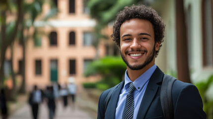 Naklejka premium Young smiling Brazilian man in business office clothes against the background of a beautiful building in Rio de Janeiro, student, boy, guy, university, worker, entrepreneur, employee, businessman