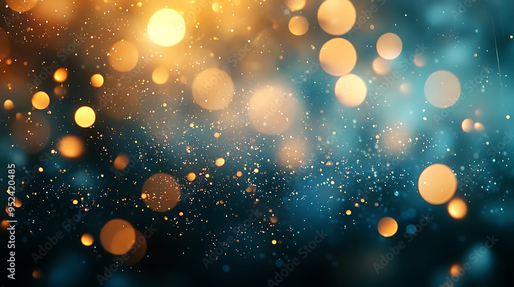 Aufkleber an abstract background of blue and gold bokeh sparkles with hints of glittering light.