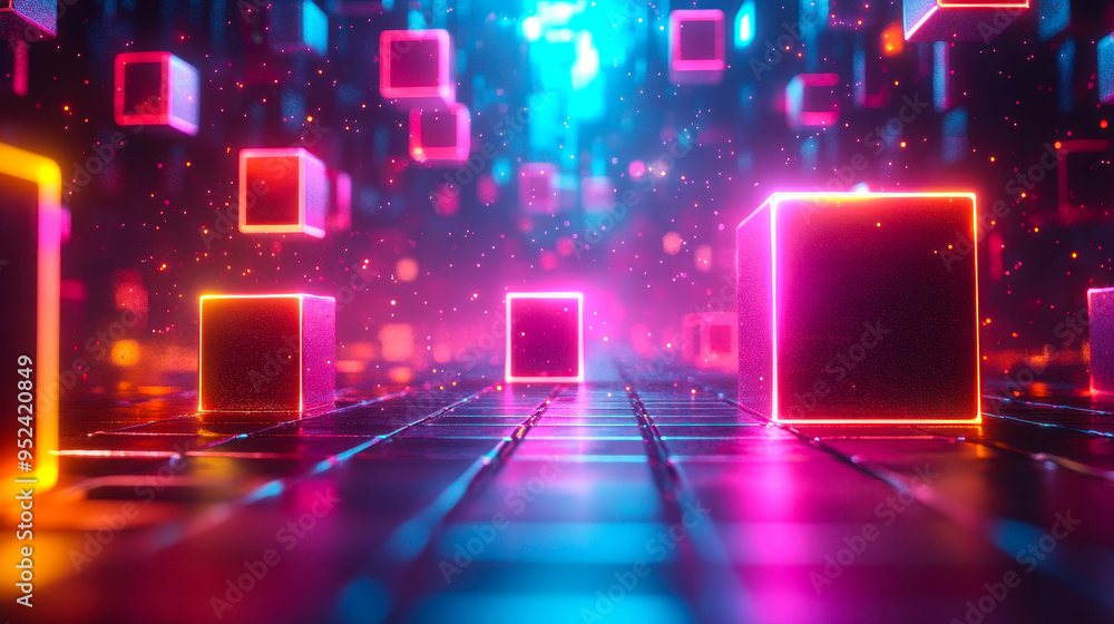 Poster vibrant neon cubes abstract 3d background in futuristic tech style with glowing elements