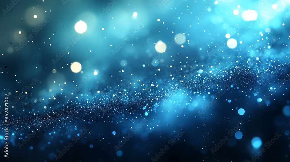 Poster blue glittering bokeh lights create a soft and dreamy abstract texture.