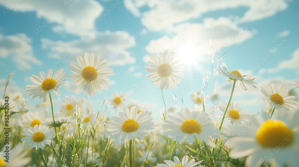 Poster chamomile flowers swaying in the wind in summer day gorgeous summer field with daisies macro view : 