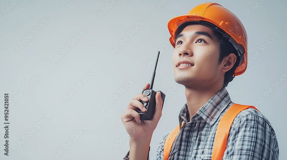 Aufkleber Portrait young asian man is engineer wearing helmet standing and using radio for speak with confident isolated on white background handsome male is architect or contractor worker or la : Generative AI