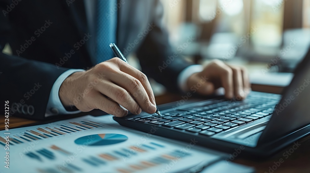 Poster business chart pie graph investment finance diagram pie chart financial growth businessman putting formal suit typing keyboard with pie chart document showing company financial informa : Generative AI