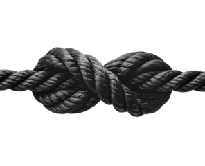 A close-up of a tightly tied black rope knot, showcasing strength and durability in marine and outdoor applications.