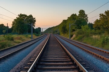 Obraz premium Peaceful Evening Train Journey on a Serene Railway Line for Relaxation and Exploration