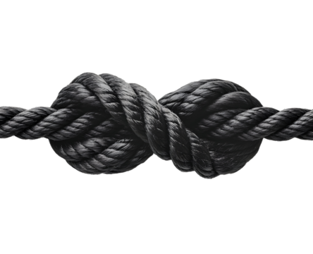A close-up of a tightly tied black rope knot, showcasing strength and durability in marine and outdoor applications.