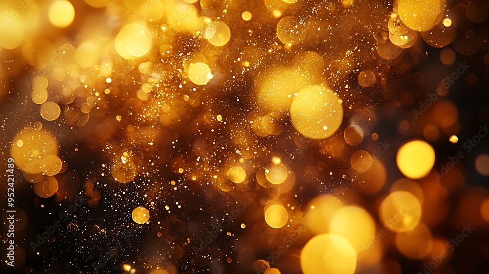 Poster a textured background of gold bokeh lights sparkles with soft, glowing warmth.