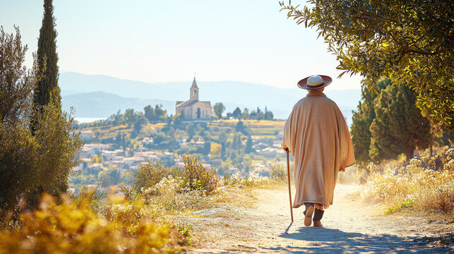 Elderly man pilgrim walking toward a village on a sunny day