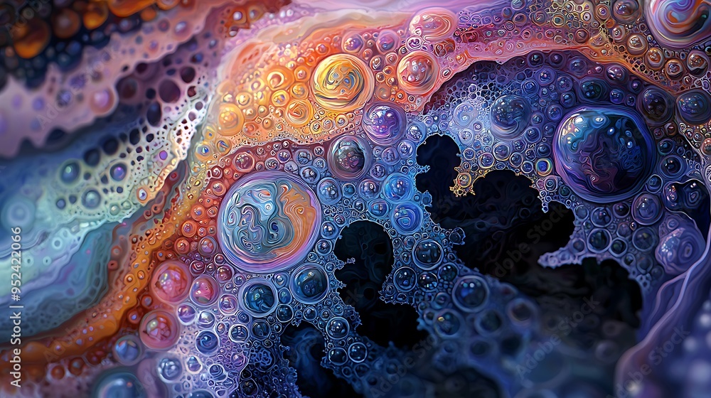 Poster colorful bubbles float in water, captured in a striking macro abstract scene.