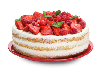 Tasty sponge cake with fresh berries and mint isolated on white