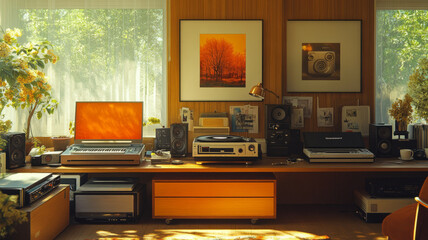 A modern living room where vintage analogue devices blend seamlessly with contemporary tech, highlighting the harmony between timeless and modern experiences.