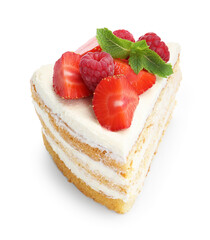 Piece of tasty sponge cake with fresh berries and mint isolated on white