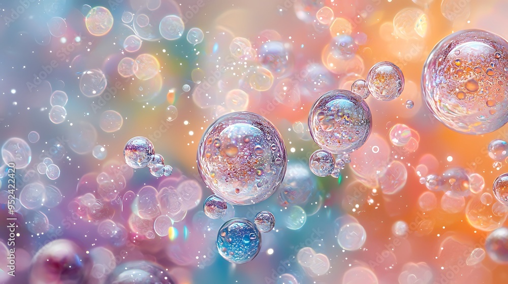 Poster pastel water droplets sparkle against a soft background of bokeh lights, creating an ethereal scene.