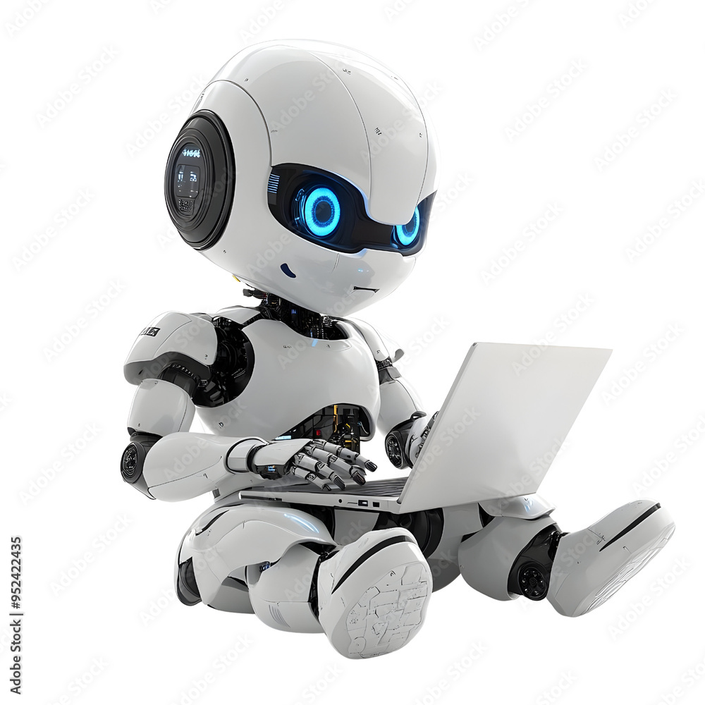 Poster a futuristic robot character working on a laptop, showcasing technology and innovation in a playful 