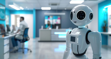 A robot volunteering a modern hospital, surrounded by doctors working. The setting is bright and high-tech, representing medical innovation.