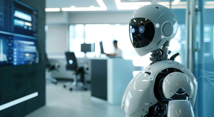 Fototapeta premium A robot volunteering a modern hospital, surrounded by doctors working. The setting is bright and high-tech, representing medical innovation.