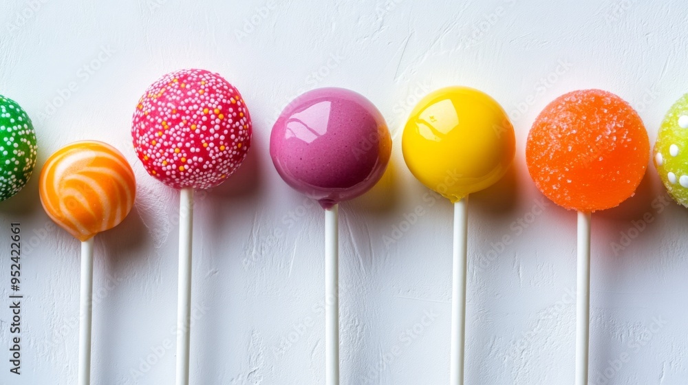 Aufkleber a close-up of a group of assorted lollipops with different flavors and colors, neatly arranged on a 