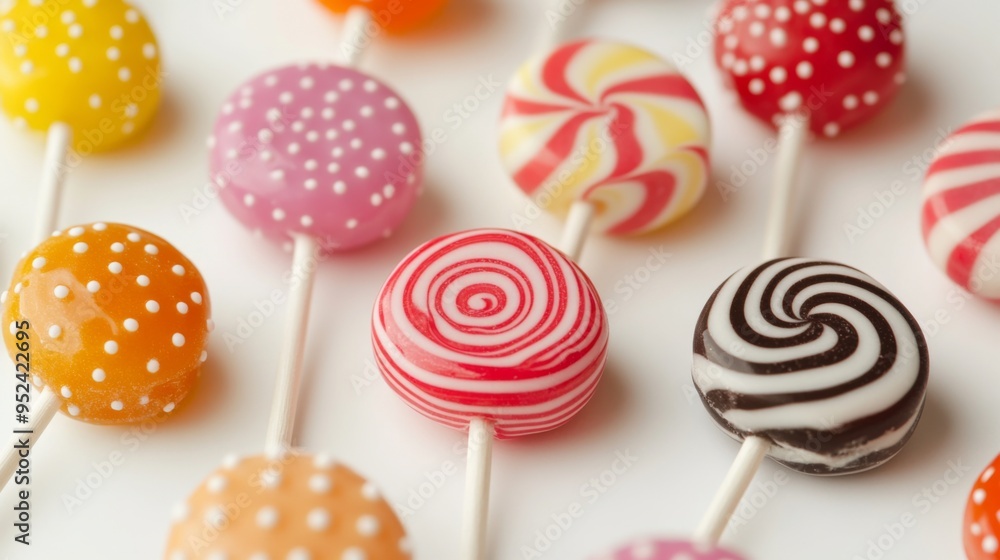 Aufkleber A close-up of a group of assorted lollipops with different flavors and colors, neatly arranged on a white surface to capture their vibrant and fun essence.