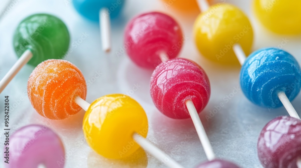 Poster A close-up of a group of assorted lollipops with different flavors and colors, neatly arranged on a white surface to capture their vibrant and fun essence.