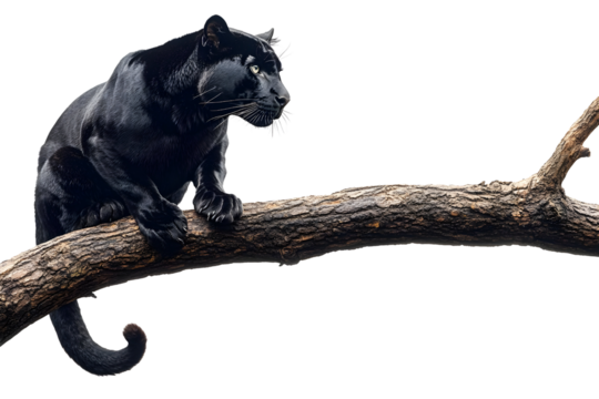 A majestic black panther perched elegantly on a tree branch, showcasing its beautiful fur and keen expression.