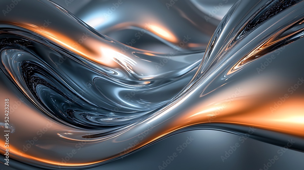 Poster an abstract 3d render of metallic liquid flows with orange and gray hues, creating a sleek backgroun
