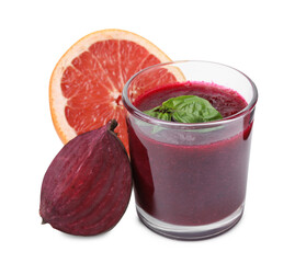 Tasty beetroot smoothie with basil in glass, fresh vegetable and grapefruit isolated on white. Vegan drink