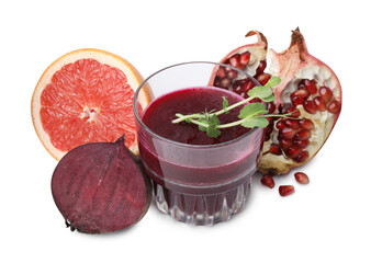 Tasty beetroot smoothie with microgreens in glass, fresh vegetable and fruits isolated on white....