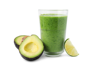 Tasty green smoothie in glass, avocado and lime isolated on white