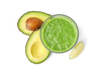 Tasty green smoothie in glass, avocado and lime isolated on white, top view